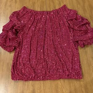 Cece Sparkly Pink Sequin Off-Shoulder Top Ruffled Sleeves Size Large Festival